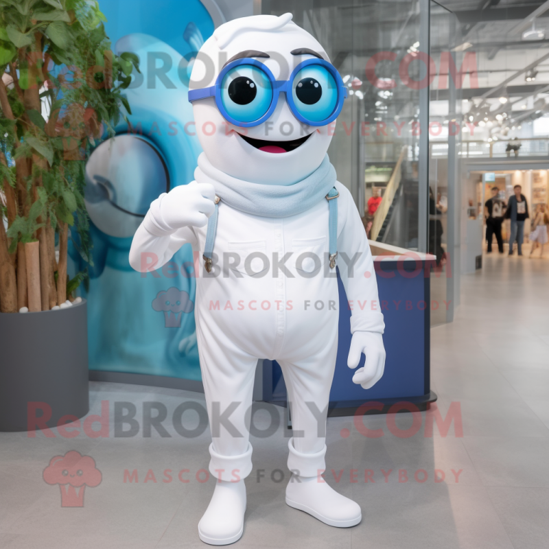 White Cyclops mascot costume character dressed with a Boyfriend Jeans and Eyeglasses White Cyclops mascot costume character dressed with a Boyfriend Jeans and Eyeglasses
