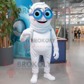 White Cyclops mascot costume character dressed with a Boyfriend Jeans and Eyeglasses