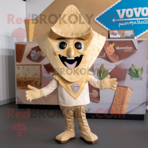 Beige Nachos mascot costume character dressed with a V-Neck Tee and Lapel pins