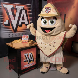Beige Nachos mascot costume character dressed with a V-Neck Tee and Lapel pins