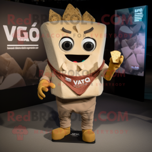 Beige Nachos mascot costume character dressed with a V-Neck Tee and Lapel pins