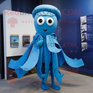 Blue Squid mascot costume character dressed with a Mini Skirt and Scarf clips