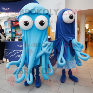 Blue Squid mascot costume character dressed with a Mini Skirt and Scarf clips