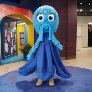 Blue Squid mascot costume character dressed with a Mini Skirt and Scarf clips