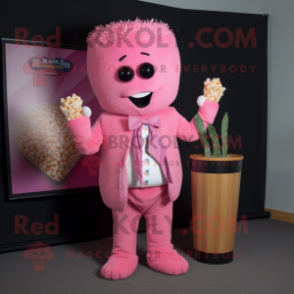 Pink Pop Corn mascot costume character dressed with a Blazer and Scarves