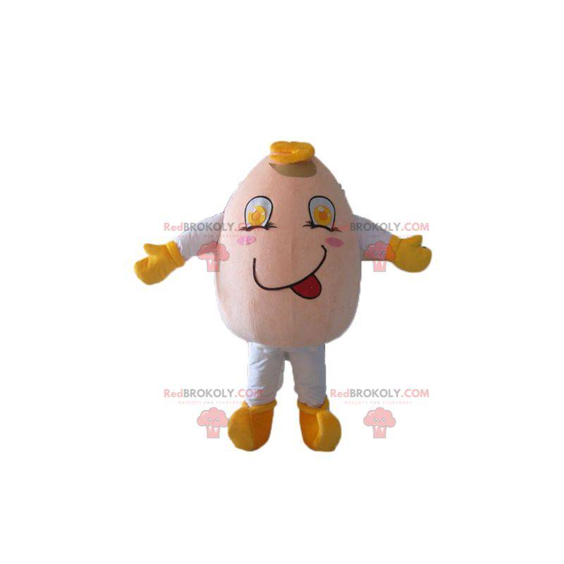 Mascotte dell'uovo gigante molto sorridente e gioviale -