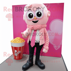 Pink Pop Corn mascot costume character dressed with a Blazer and Scarves