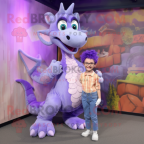 Lavender Dragon mascot costume character dressed with a Mom Jeans and Ties