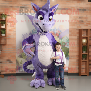 Lavender Dragon mascot costume character dressed with a Mom Jeans and Ties
