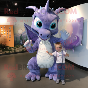 Lavender Dragon mascot costume character dressed with a Mom Jeans and Ties