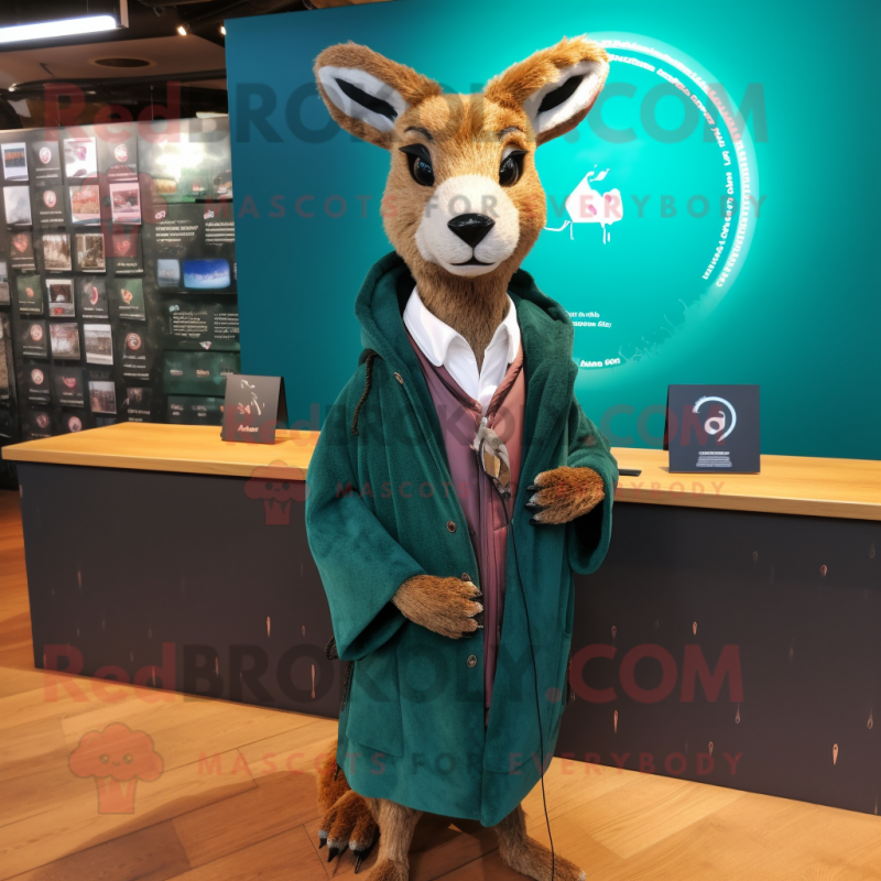 Teal Roe Deer mascot costume character dressed with a Jacket and Shawl pins Teal Roe Deer mascot costume character dressed with a Jacket and Shawl pins