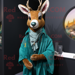 Teal Roe Deer mascot costume character dressed with a Jacket and Shawl pins