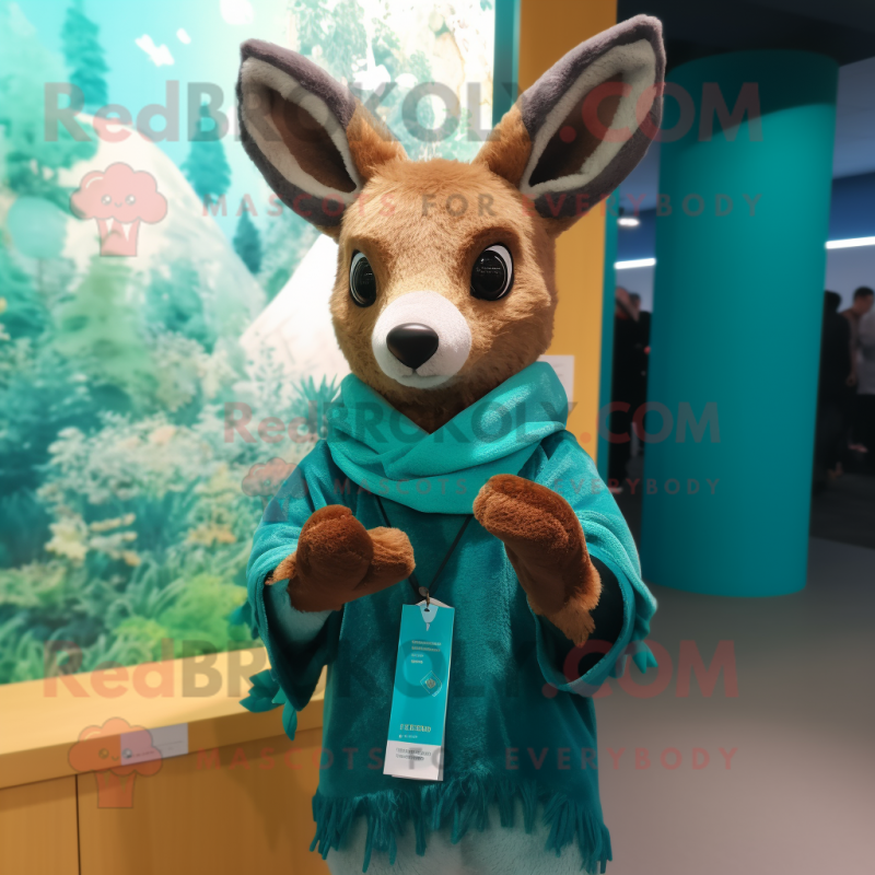 Teal Roe Deer mascot costume character dressed with a Jacket and Shawl pins