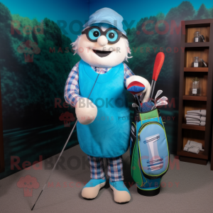 Cyan Golf Bag mascot costume character dressed with a Flannel Shirt and Reading glasses