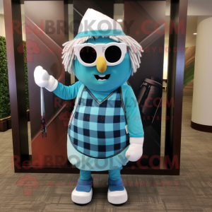 Cyan Golf Bag mascot costume character dressed with a Flannel Shirt and Reading glasses