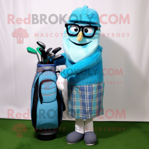 Cyan Golf Bag mascot costume character dressed with a Flannel Shirt and Reading glasses