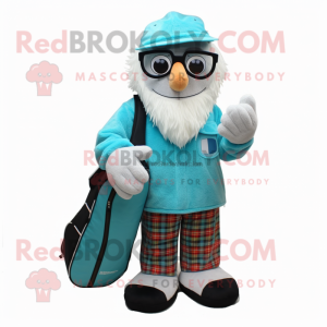 Cyan Golf Bag mascot costume character dressed with a Flannel Shirt and Reading glasses