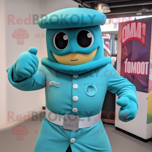 Turquoise Commando mascot costume character dressed with a Coat and Cufflinks