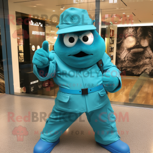 Turquoise Commando mascot costume character dressed with a Coat and Cufflinks