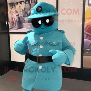 Turquoise Commando mascot costume character dressed with a Coat and Cufflinks