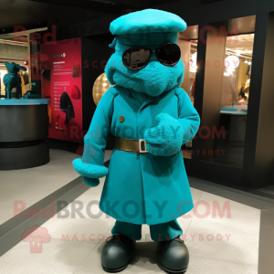 Turquoise Commando mascot costume character dressed with a Coat and Cufflinks