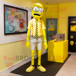 Lemon Yellow Undead mascot costume character dressed with a Oxford Shirt and Earrings