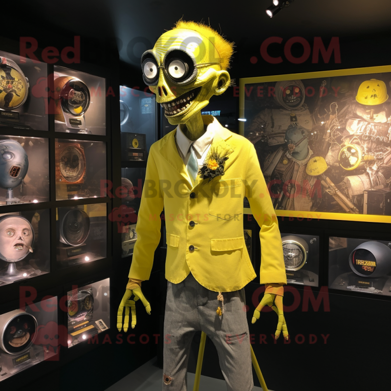 Lemon Yellow Undead mascot costume character dressed with a Oxford Shirt and Earrings