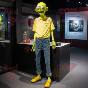 Lemon Yellow Undead mascot costume character dressed with a Oxford Shirt and Earrings