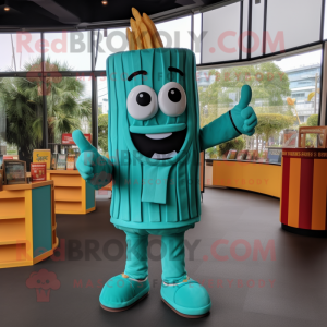 Teal French Fries mascot costume character dressed with a Jumpsuit and Watches