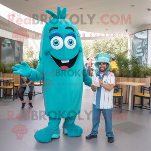 Teal French Fries mascot costume character dressed with a Jumpsuit and Watches