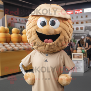 Tan Meatballs mascot costume character dressed with a Henley Shirt and Headbands