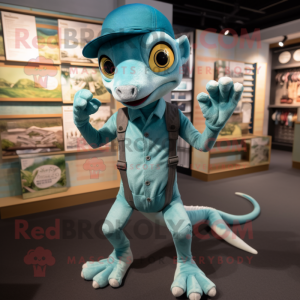 Teal Geckos mascot costume character dressed with a Dungarees and Headbands