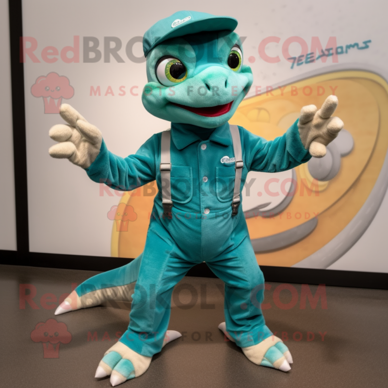 Teal Geckos mascot costume character dressed with a Dungarees and Headbands Teal Geckos mascot costume character dressed with a Dungarees and Headbands