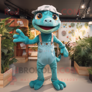 Teal Geckos mascot costume character dressed with a Dungarees and Headbands