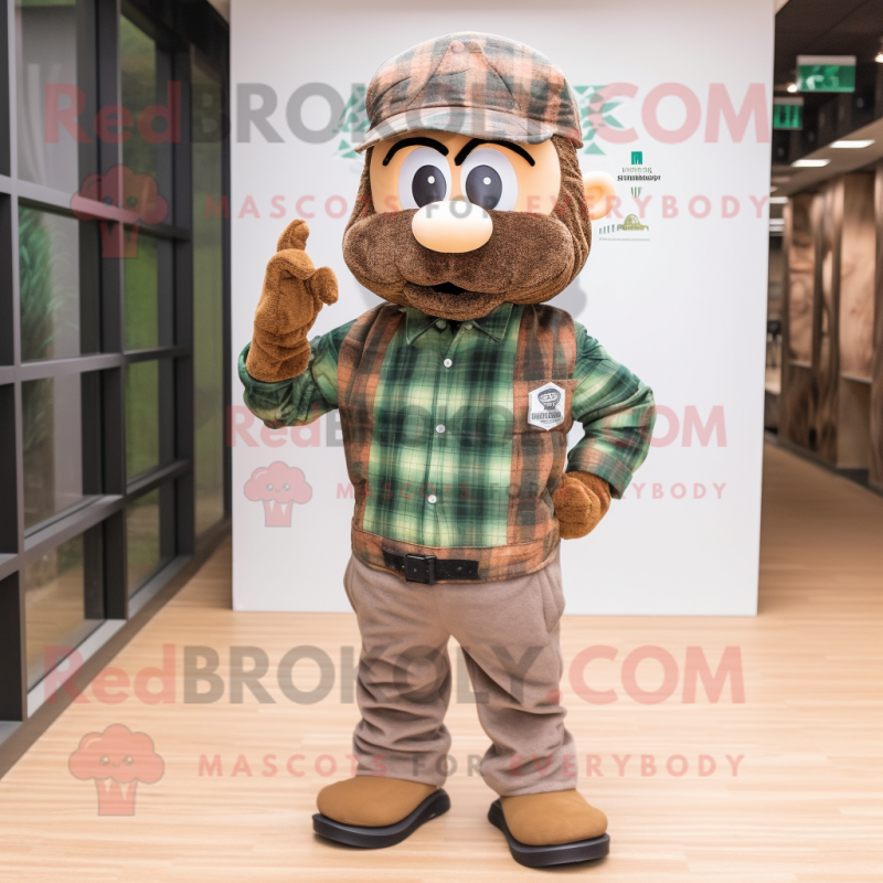 Brown Green Beret mascot costume character dressed with a Flannel Shirt and Earrings