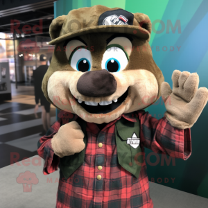 Brown Green Beret mascot costume character dressed with a Flannel Shirt and Earrings