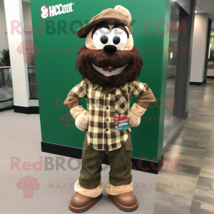 Brown Green Beret mascot costume character dressed with a Flannel Shirt and Earrings