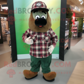 Brown Green Beret mascot costume character dressed with a Flannel Shirt and Earrings