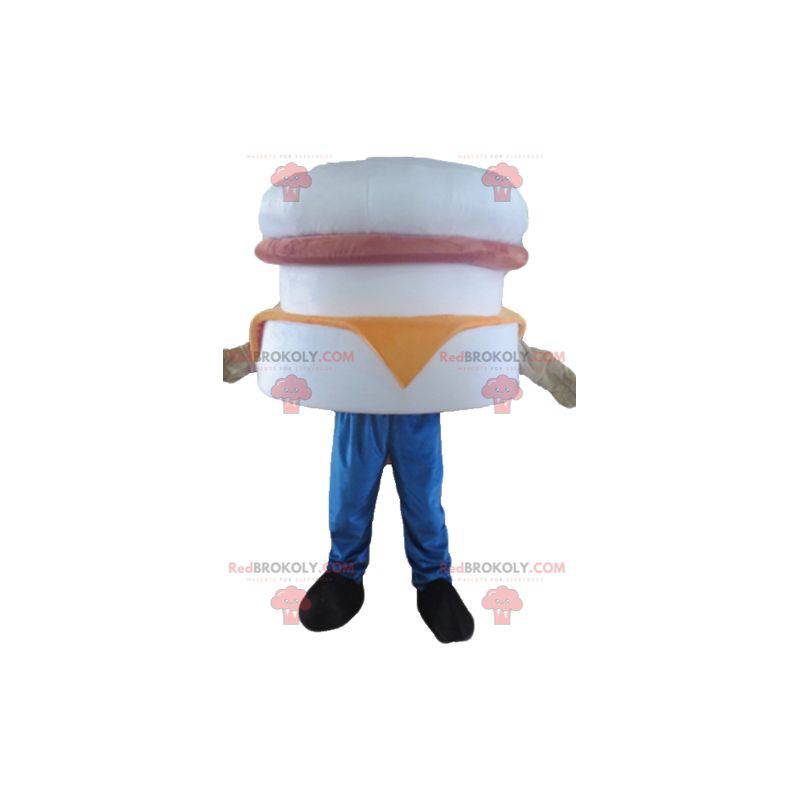 Mascot hamburguesa gigante blanco rosa y naranja -
