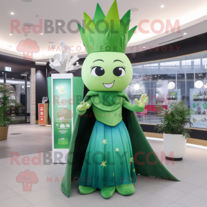 Green Queen mascot costume character dressed with a Flare Jeans and Shawls