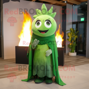 Green Queen mascot costume character dressed with a Flare Jeans and Shawls