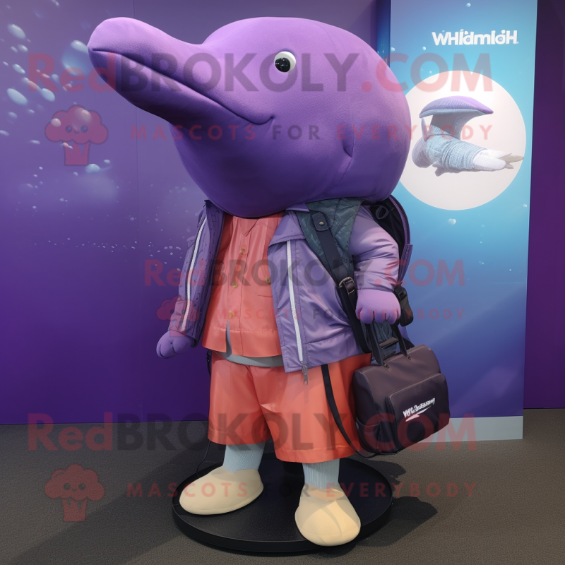 Purple Humpback Whale mascot costume character dressed with a Trousers and Handbags Purple Humpback Whale mascot costume character dressed with a Trousers and Handbags