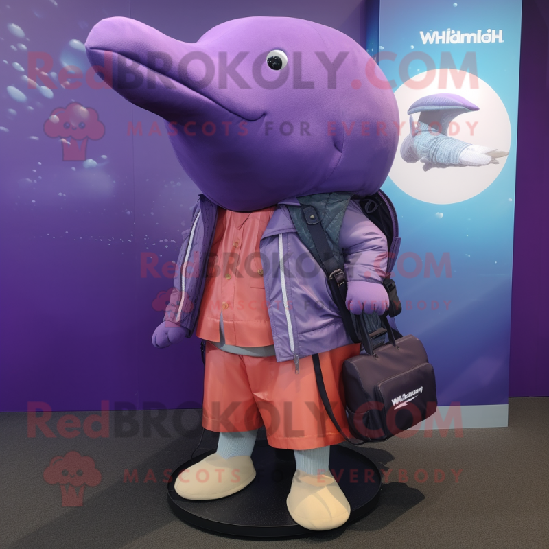 Purple Humpback Whale mascot costume character dressed with a Trousers and Handbags