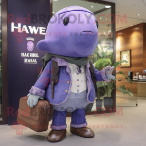 Purple Humpback Whale mascot costume character dressed with a Trousers and Handbags