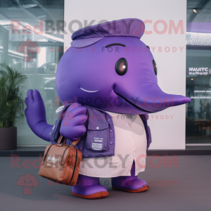 Purple Humpback Whale mascot costume character dressed with a Trousers and Handbags