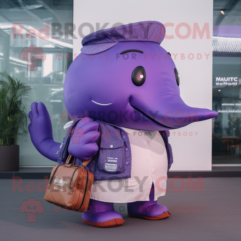 Purple Humpback Whale mascot costume character dressed with a Trousers and Handbags Purple Humpback Whale mascot costume character dressed with a Trousers and Handbags