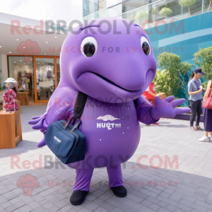 Purple Humpback Whale mascot costume character dressed with a Trousers and Handbags