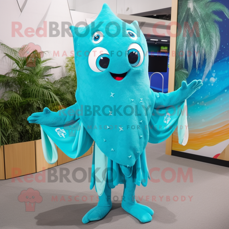 Turquoise Stingray mascot costume character dressed with a Cover-up and Hair clips