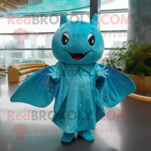 Turquoise Stingray mascot costume character dressed with a Cover-up and Hair clips
