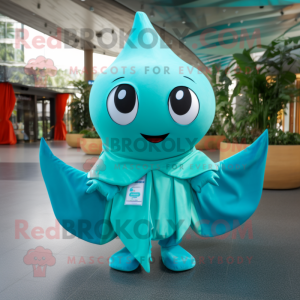 Turquoise Stingray mascot costume character dressed with a Cover-up and Hair clips